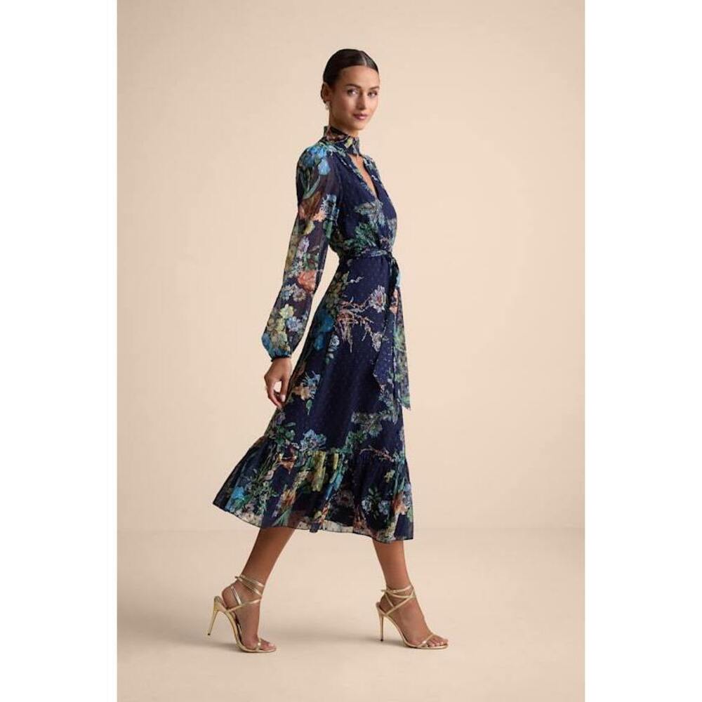 Lulus Fallyn Navy Floral Swiss Dot Long Sleeve Midi Dress Blue - Size S